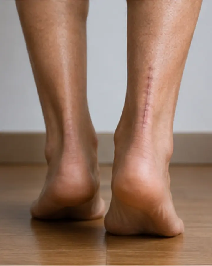 Person experiencing symptoms related to Achilles tendon rupture rehabilitation