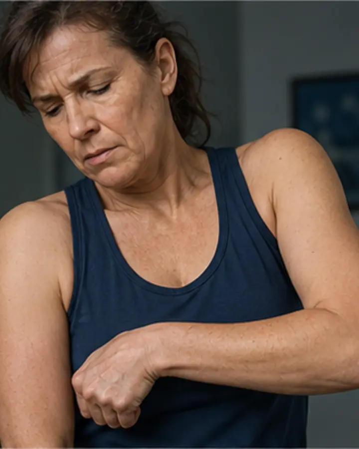 Person experiencing symptoms related to Adhesive capsulitis (frozen shoulder)
