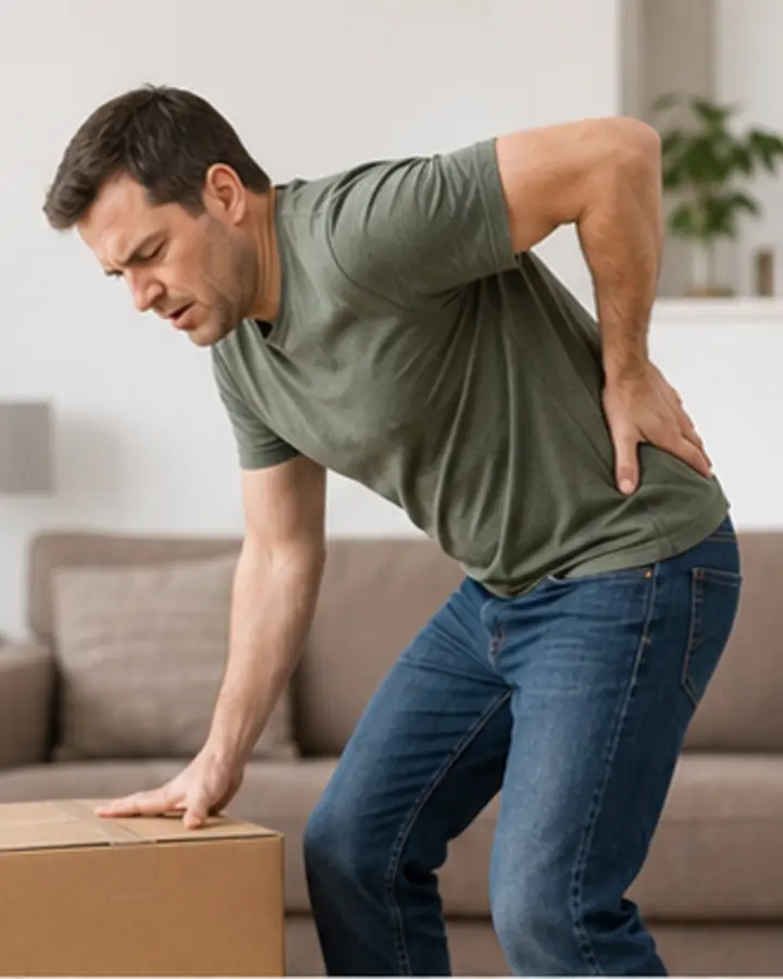 Person experiencing symptoms related to Back pain after lifting