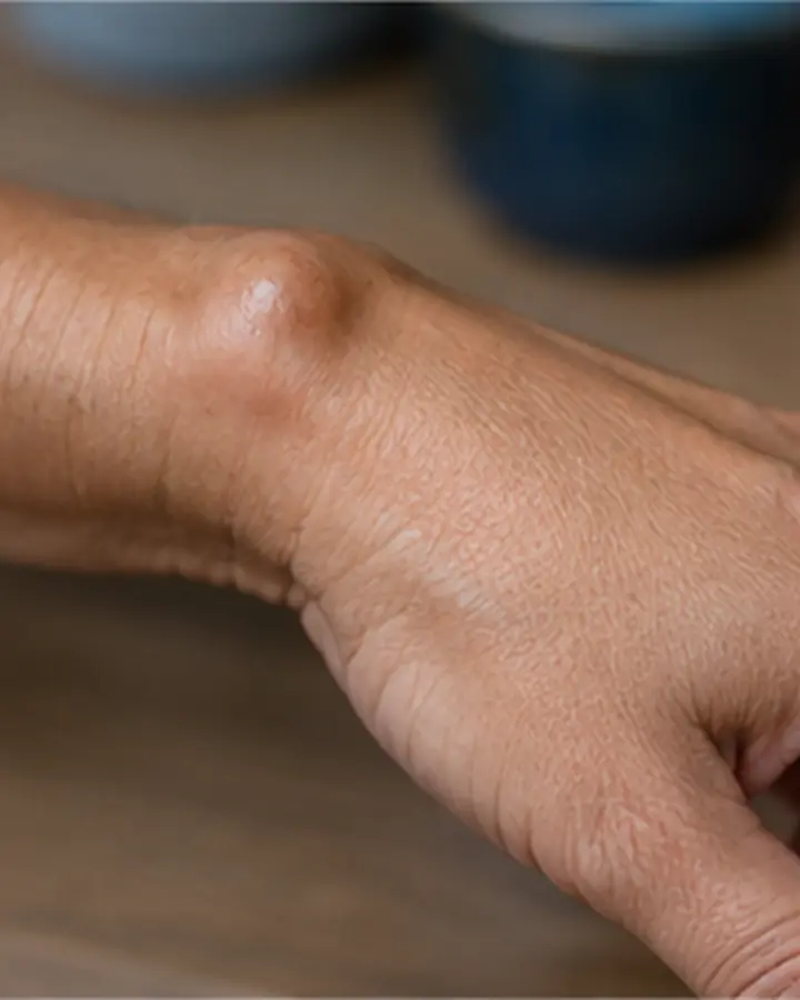 Person experiencing symptoms related to Ganglion-related wrist pain