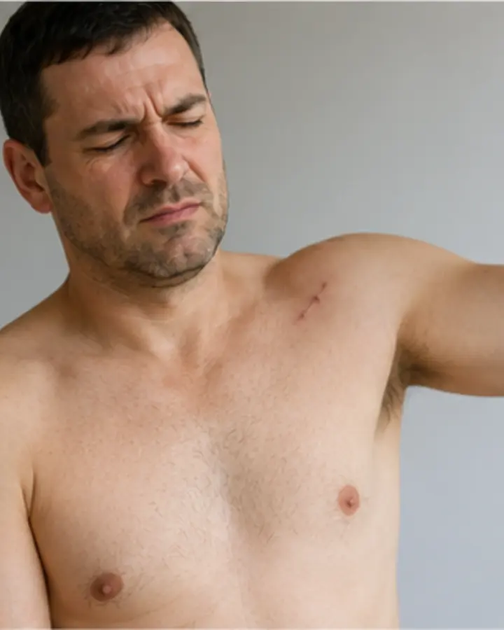 Person experiencing symptoms related to Rotator cuff repair rehabilitation