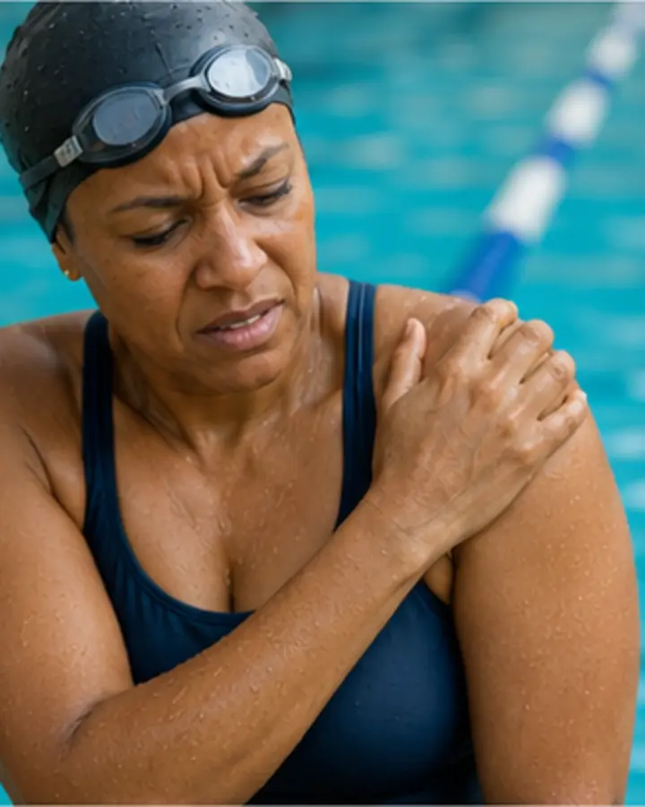 Person experiencing symptoms related to Shoulder pain in swimmers