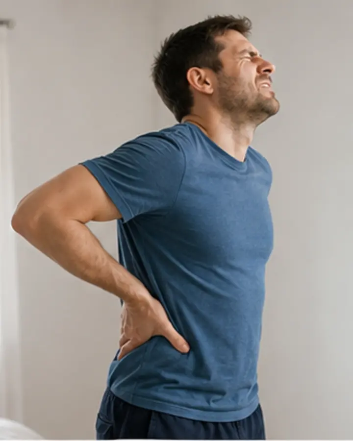 Person experiencing symptoms related to Spondylolisthesis rehabilitation