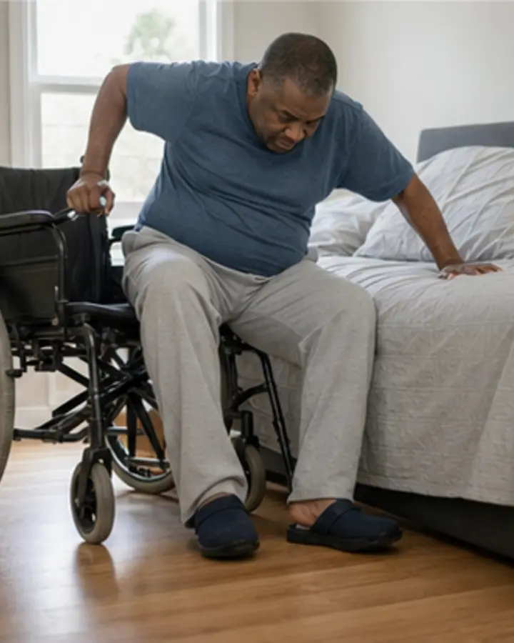 Person experiencing symptoms related to Wheelchair transfers, strength and physical conditioning